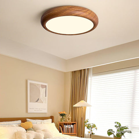 Wood Grain Round Ceiling Light | Nordic Design with Dark Wood Grain Finish | Warm White Glow, Fixed Acrylic Design