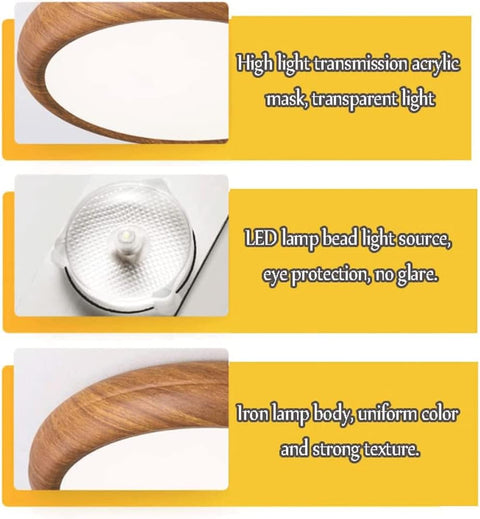 Wood Grain Round Ceiling Light | Nordic Design with Dark Wood Grain Finish | Warm White Glow, Fixed Acrylic Design