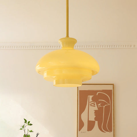 Bauhaus Pendant Light Made of Cream Yellow Glass