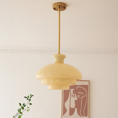 Bauhaus Pendant Light Made of Cream Yellow Glass