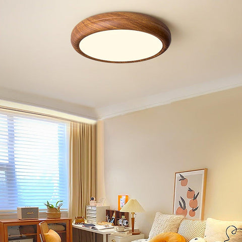 Wood Grain Round Ceiling Light | Nordic Design with Dark Wood Grain Finish | Warm White Glow, Fixed Acrylic Design