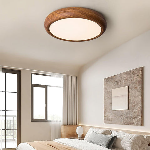 Wood Grain Round Ceiling Light | Nordic Design with Dark Wood Grain Finish | Warm White Glow, Fixed Acrylic Design