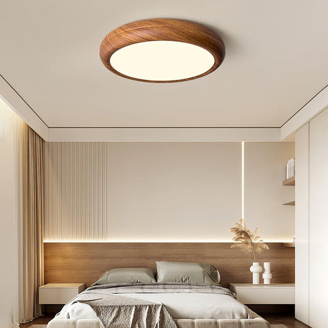 Wood Grain Round Ceiling Light | Nordic Design with Dark Wood Grain Finish | Warm White Glow, Fixed Acrylic Design