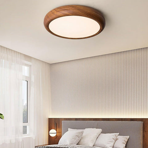 Wood Grain Round Ceiling Light | Nordic Design with Dark Wood Grain Finish | Warm White Glow, Fixed Acrylic Design