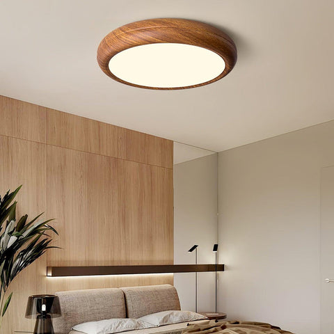 Wood Grain Round Ceiling Light | Nordic Design with Dark Wood Grain Finish | Warm White Glow, Fixed Acrylic Design
