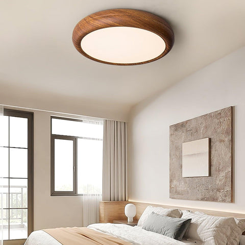 Wood Grain Round Ceiling Light | Nordic Design with Dark Wood Grain Finish | Warm White Glow, Fixed Acrylic Design