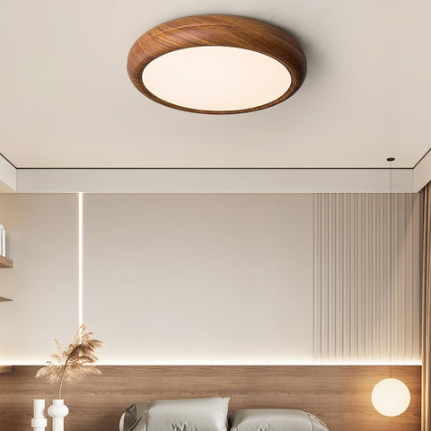 Wood Grain Round Ceiling Light | Nordic Design with Dark Wood Grain Finish | Warm White Glow, Fixed Acrylic Design