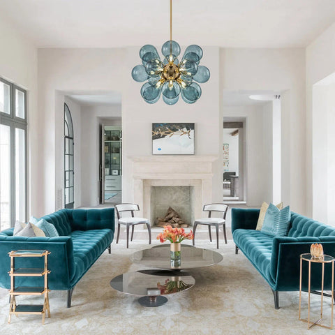 Cluster Blue Glass Bubble Chandelier | 18-Light Glass Globe Cluster Design | Perfect for Living Rooms, Dining Areas & Foyers
