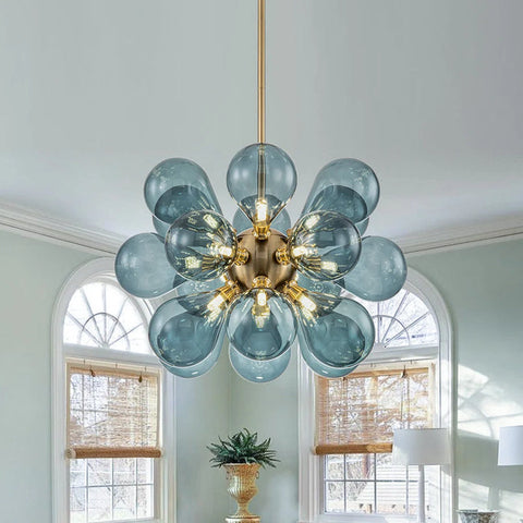 Cluster Blue Glass Bubble Chandelier | 18-Light Glass Globe Cluster Design | Perfect for Living Rooms, Dining Areas & Foyers