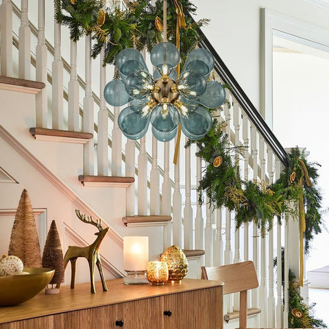 Cluster Blue Glass Bubble Chandelier | 18-Light Glass Globe Cluster Design | Perfect for Living Rooms, Dining Areas & Foyers